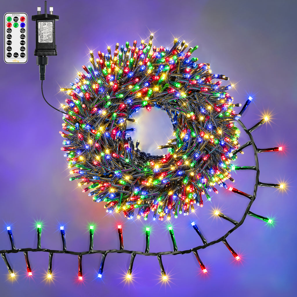 1000 LED 15m Multicolor Cluster Lights (Green Cable, Plug in, 8 Modes)