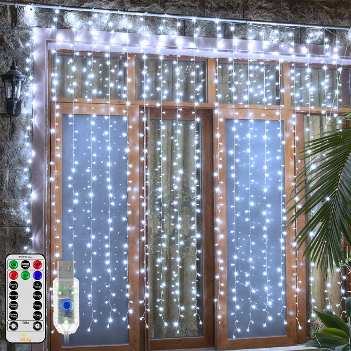 300 LEDs 3m*3m Curtain Fairy Lights (Cool White, Clear Cable, USB Charged, 8 Modes)