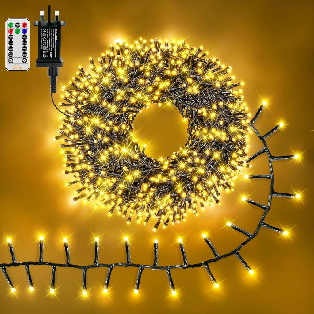 1000 LED 15m Warm White Christmas Cluster Lights (Green Cable, Plug in, 8 Modes)