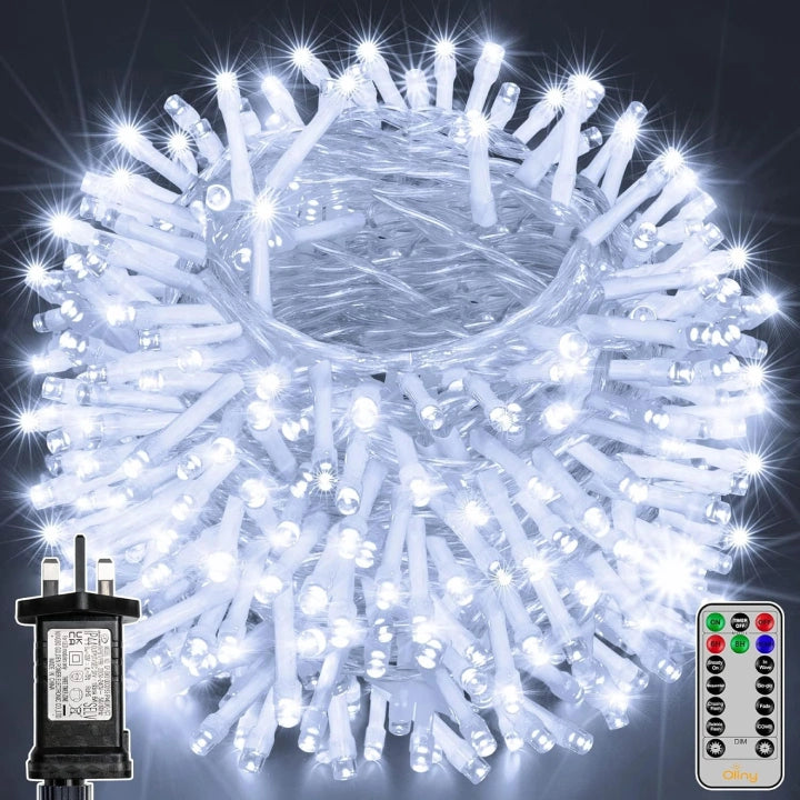 600 LED 60m Cool White Christmas Lights (Clear Cable, Plug in, 8 Modes)