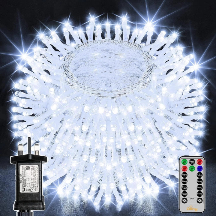 300 LED 30m Cool White Christmas Lights (Clear Cable, Plug in, 8 Modes)