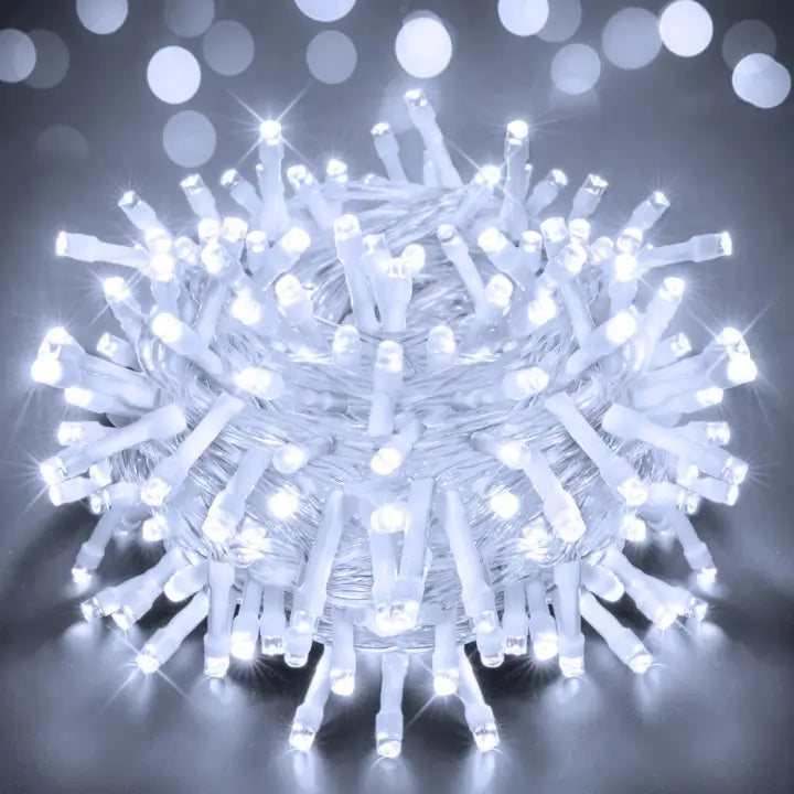 100 LED Cool White Battery Operated Christmas Fairy Lights (Clear Cable, IP44 Waterproof)