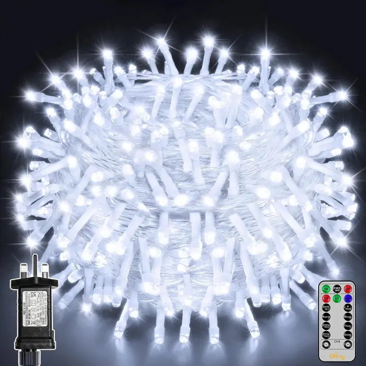200 LEDs 20m Cool White Fairy Lights (Clear Cable, Plug in, 8 Modes)