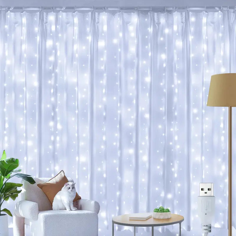 200 LED 2m*2m USB Curtain Fairy Lights With Hooks(Cool White, Copper Wire)